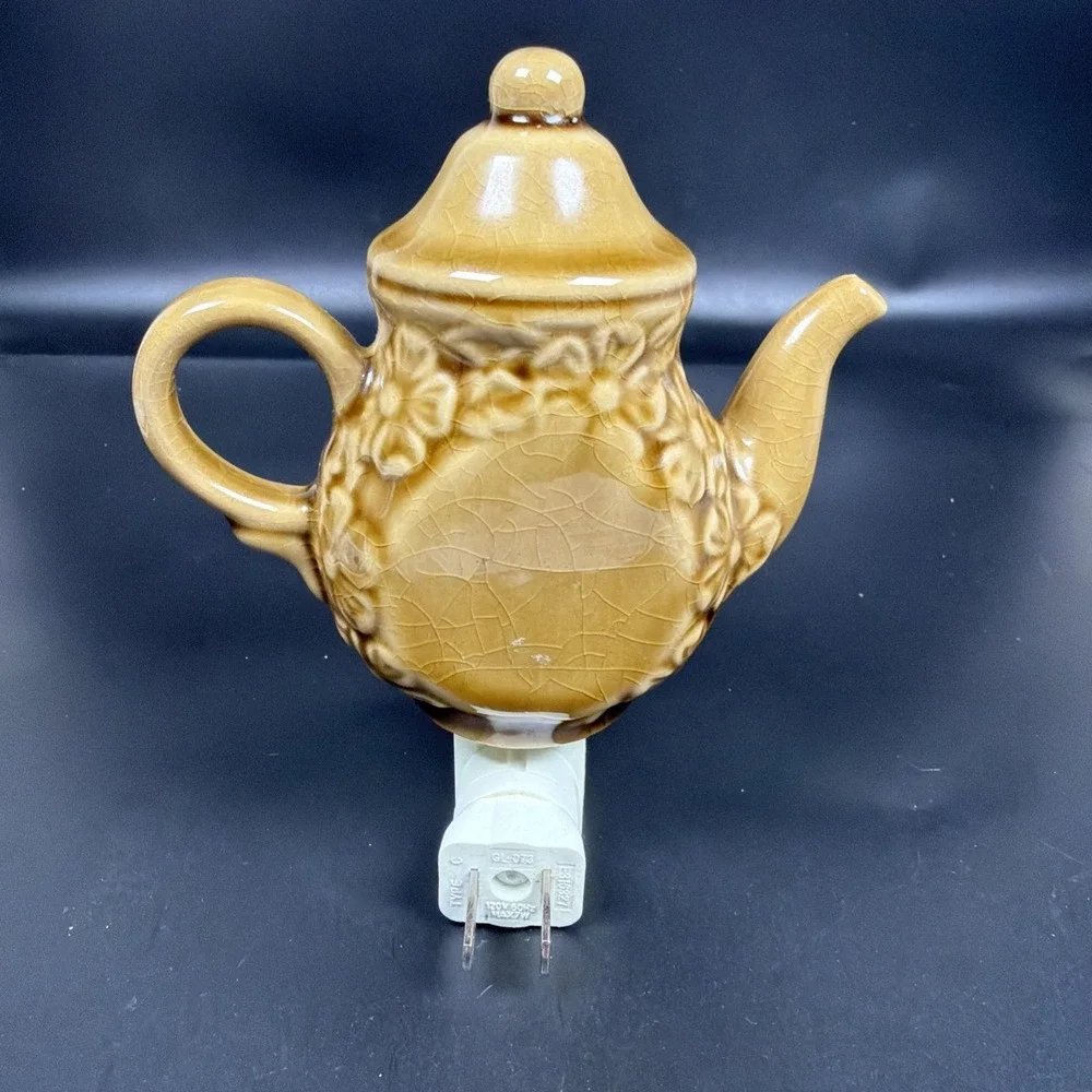 VTG Kitchen Night Light Porcelain Tea Pot Brown Floral Gold Trim Grandma Cottage